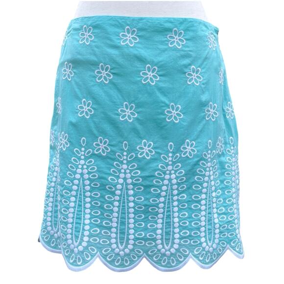 Aqua Embroidered Mini Skirt Floral Eyelet Scalloped Hem Summer Spring Cute - Picture 2 of 5